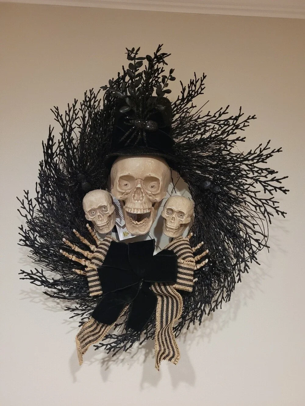 Grammercy Studio Halloween Top Hat Skeleton Skull Wreath with Bows